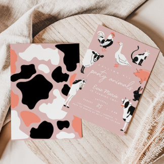 Party Animals | Pink Kids Cow Print Farm Animals Invitation