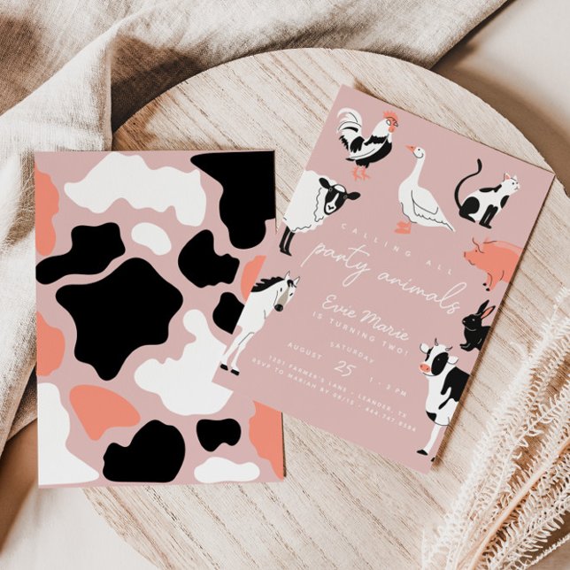 Party Animals | Pink Kids Cow Print Farm Animals Invitation (Fully customizable colors for background, text & animals!)