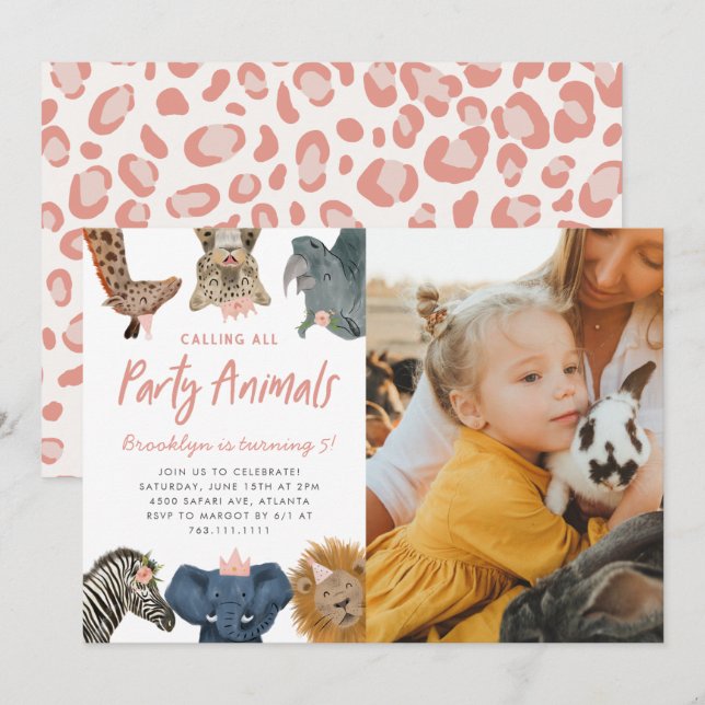 Party Animals Pink Safari Birthday Photo Invitation (Front/Back)