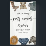 Party Animals Safari Birthday Party Welcome Banner<br><div class="desc">Cute and modern safari theme kid's birthday party welcome banner featuring illustration of lion,  elephant,  zebra,  giraffe,  snow leopard,  and rhino. The text says "welcome party animals."</div>