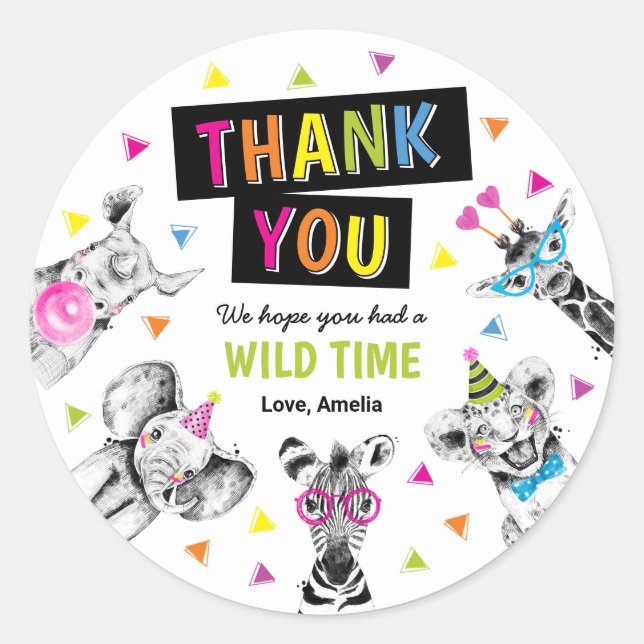 Party Animals Safari Birthday Thank You Favour Classic Round Sticker (Front)