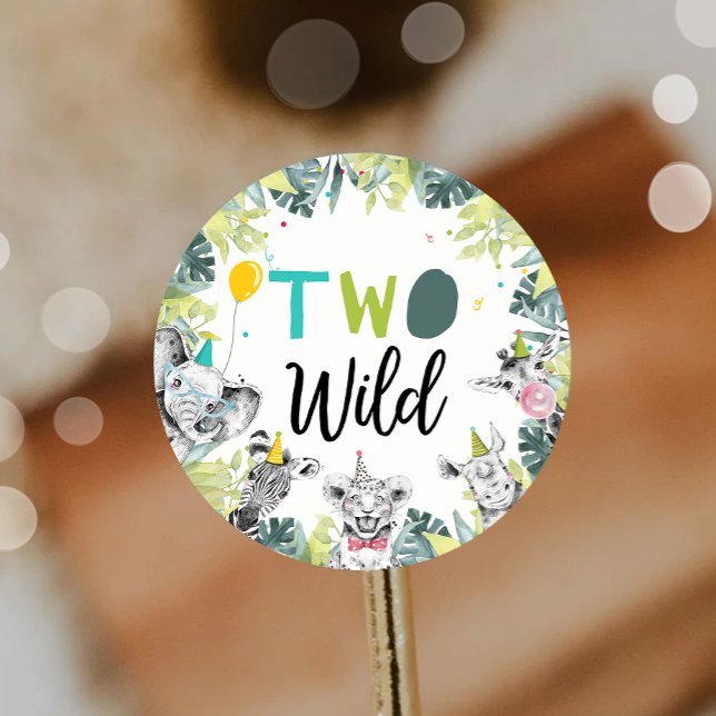 Party Animals Safari Boy Two Wild Second Birthday Classic Round Sticker (Creator Uploaded)