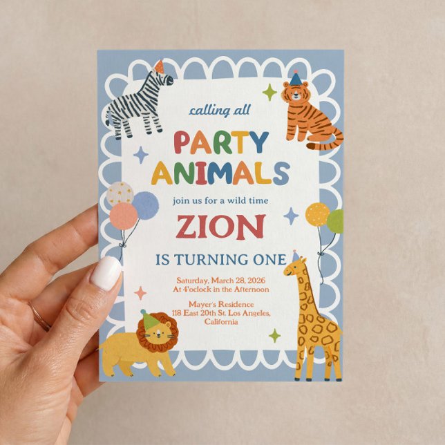 Party Animals Safari First Birthday Invitation (Party Animals safari invitation for a fun and adventurous boy’s first birthday. 🦁🎉🌿)