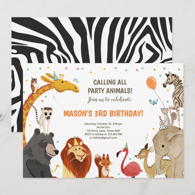 Party Animals Safari Girl Boy Animals Birthday Invitation (Front/Back)