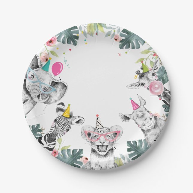 Party Animals Safari Girl Pink Birthday Party Pape Paper Plate (Front)