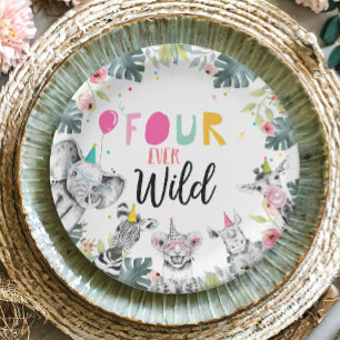 Party Animals Safari Girl Pink Four Wild Birthday Paper Plate