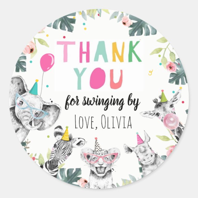 Party Animals Safari Girl Pink Thank You Wild Classic Round Sticker (Front)