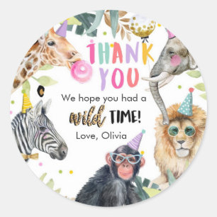 Party Animals Safari Girl Pink Thank You Wild Time Classic Round Sticker
