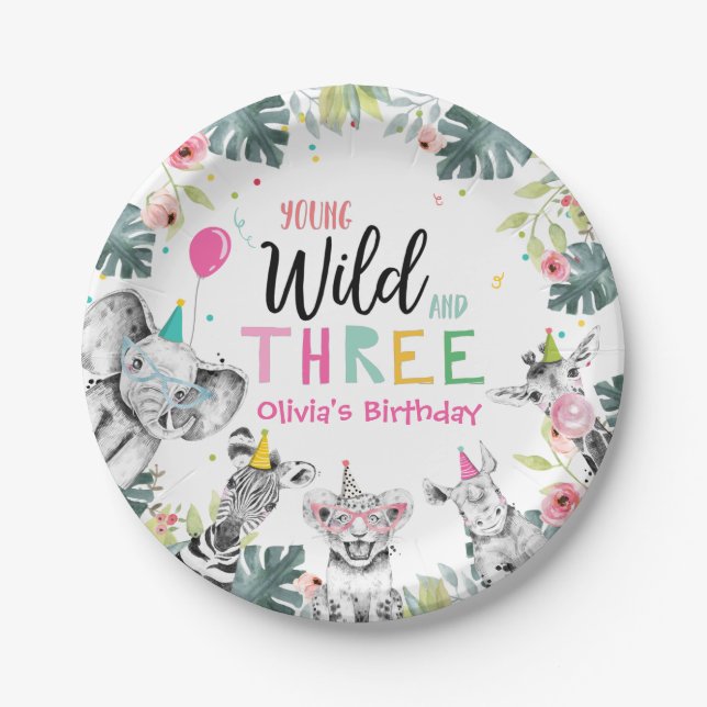 Party Animals Safari Girl Pink Third Birthday Paper Plate (Front)