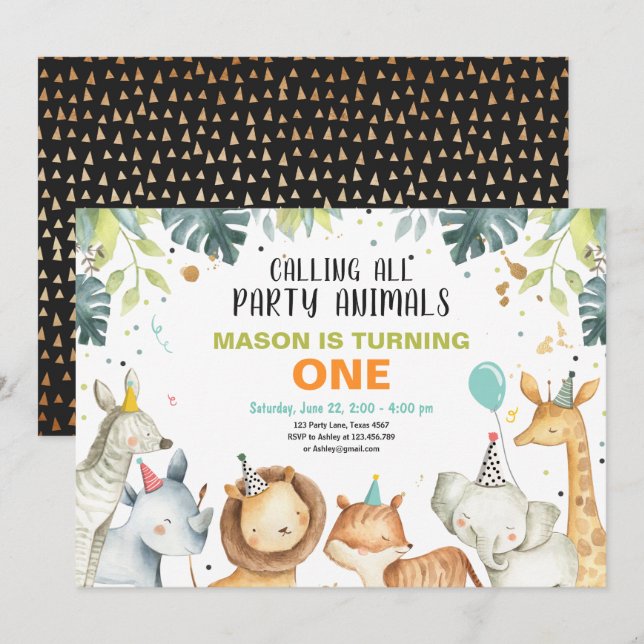 Party Animals Safari Gold Boy Animals Birthday Invitation (Front/Back)