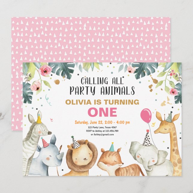 Party Animals Safari Gold Girl Animals Birthday Invitation (Front/Back)
