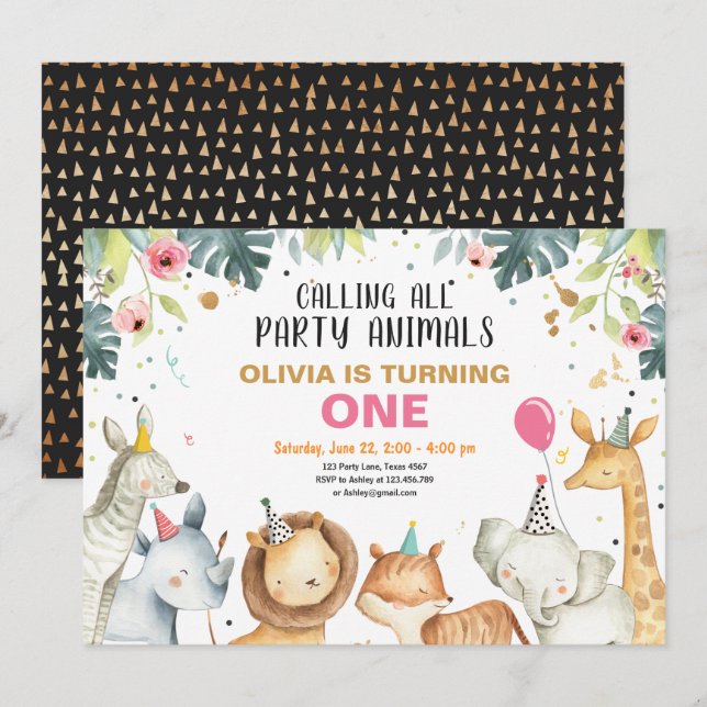 Party Animals Safari Gold Girl Animals Birthday Invitation (Front/Back)