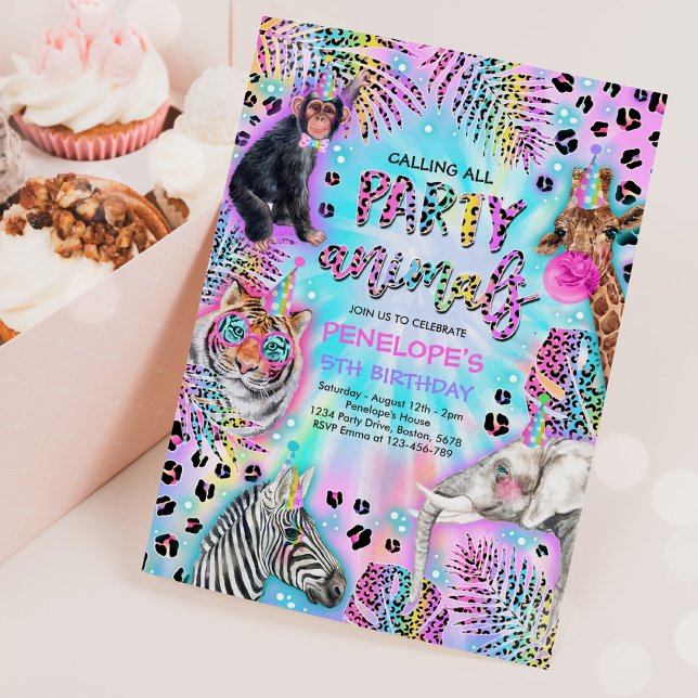 Party Animals Safari Neon Rainbow Cheetah Birthday Invitation (Creator Uploaded)