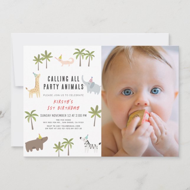 Party Animals Safari Photo 1st Birthday Invitation (Front)