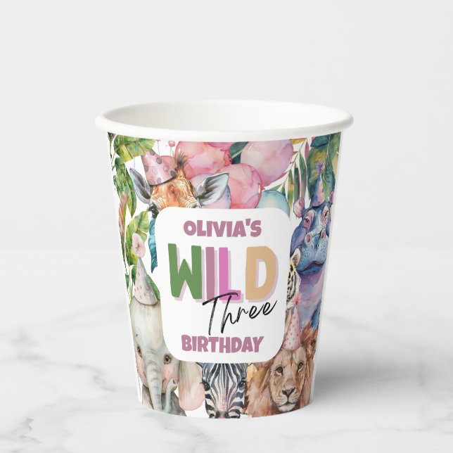 Party Animals Safari Wild Three Birthday party Paper Cups (Front)