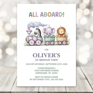 Party Animals Steam Train 1st Birthday Party Invitation
