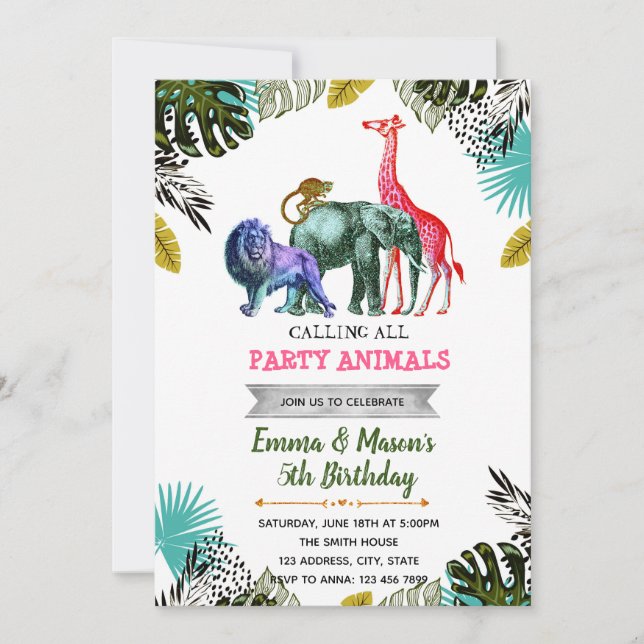 Party animals theme birthday invitation (Front)