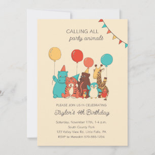 Party Animals Tiger, Hippo, Penguin Kids Birthday Invitation