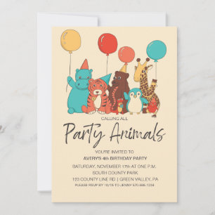 Party Animals Tiger, Penguin, Hippo Kids Birthday Invitation
