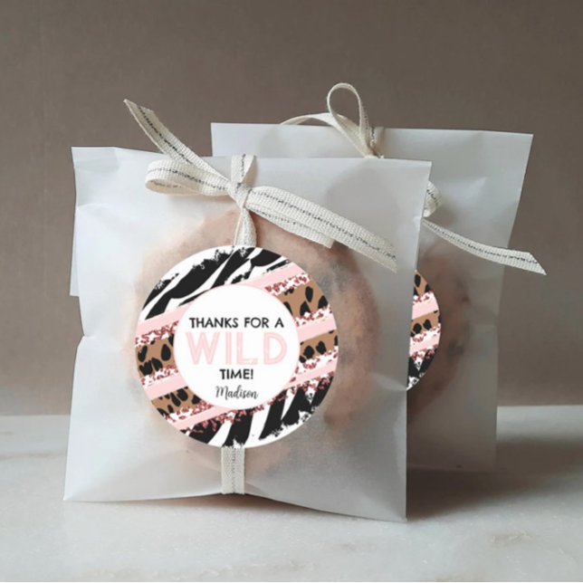 Party Animals Wild Safari Pink Birthday favour Classic Round Sticker (Creator Uploaded)