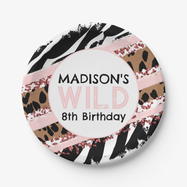 Party Animals Wild Safari Pink Girl Birthday Paper Plate (Front)