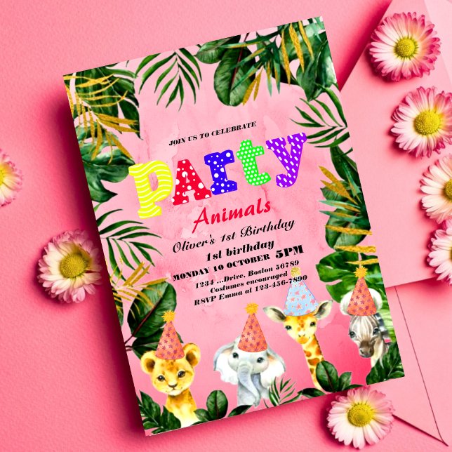 Party Animals Wild Safari Pink Girl Birthday Party Invitation (Creator Uploaded)