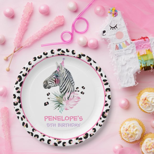 Party Animals Wild Safari Pink Girl Birthday Party Paper Plate (Party)