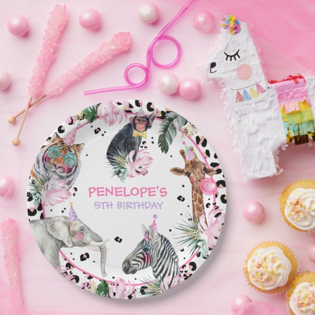 Party Animals Wild Safari Pink Girl Birthday Party Paper Plate (Party)