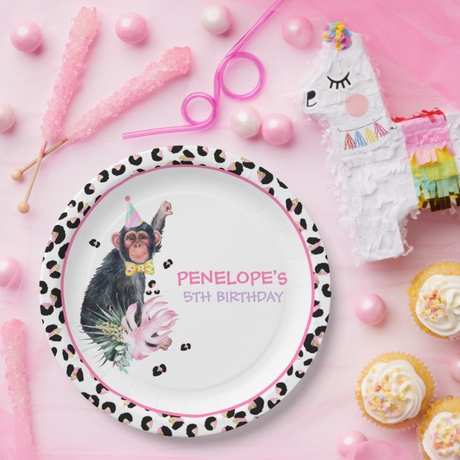 Party Animals Wild Safari Pink Girl Birthday Party Paper Plate (Party)