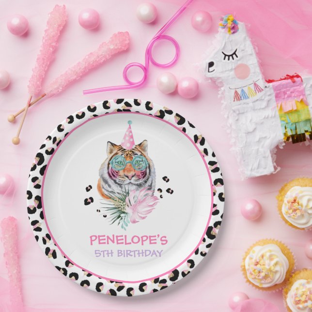 Party Animals Wild Safari Pink Girl Birthday Party Paper Plate (Party)