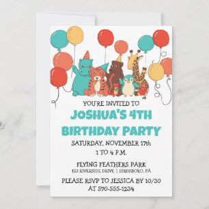Party Animals with Balloons Personalised Birthday Invitation