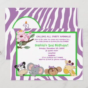 PARTY ANIMALS Zebra stripe 3RD Birthday Jungle 5x7 Invitation