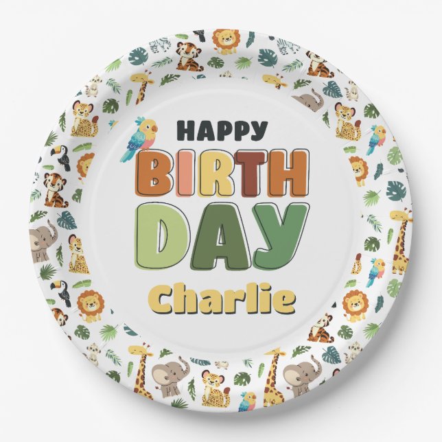 Party at the Zoo Safari Animal Happy Birthday Paper Plate (Front)