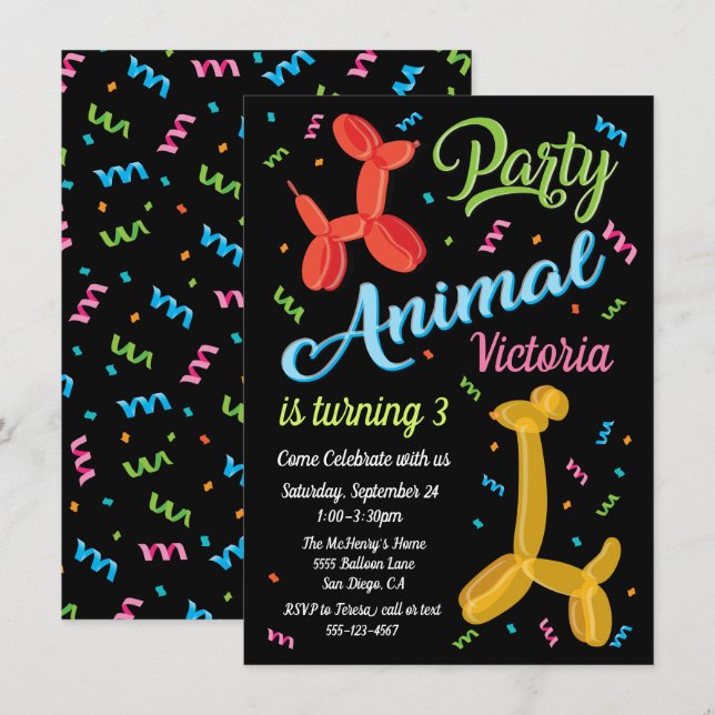 Party Balloon Animals Birthday Invitations (Front/Back)