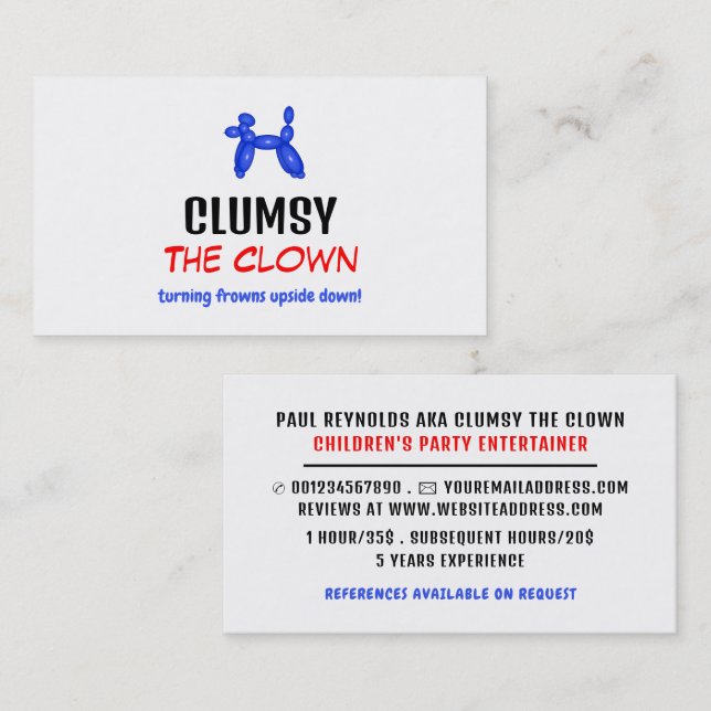 Party Balloon, Kids Entertainer, Clown Business Card (Front/Back)