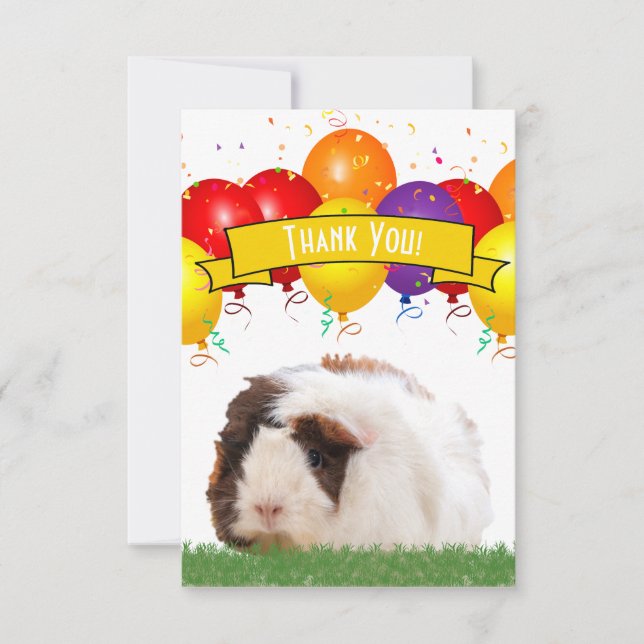 Party Balloons Cute Guinea Pig Yellow Banner Thank You Card (Front)