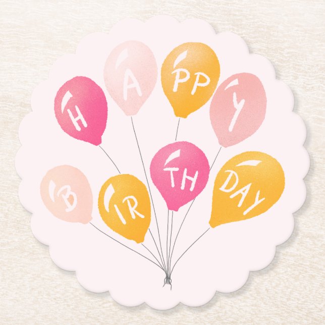 Party Balloons Pink Yellow Kid Happy Birthday Paper Coaster (Front)