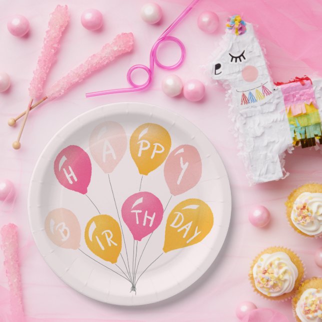 Party Balloons Pink Yellow Kid Happy Birthday Paper Plate (Party)