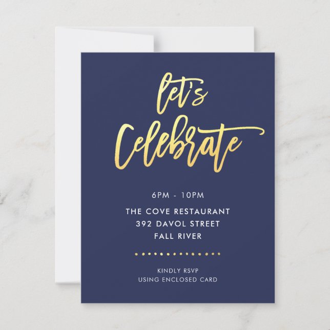 PARTY Bar Mitzvah modern navy + faux gold script Invitation (Front)