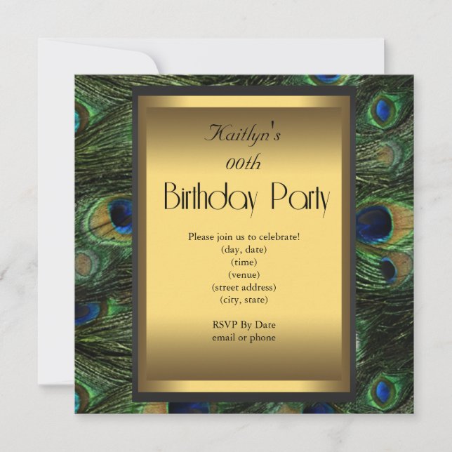 Party Birthday Peacock Green Blue Gold Invitation (Front)