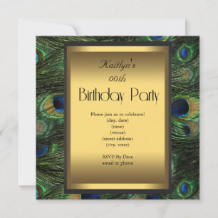 Party Birthday Peacock Green Blue Gold Invitation