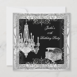 Party Birthday Silver Chandelier White Black Invitation