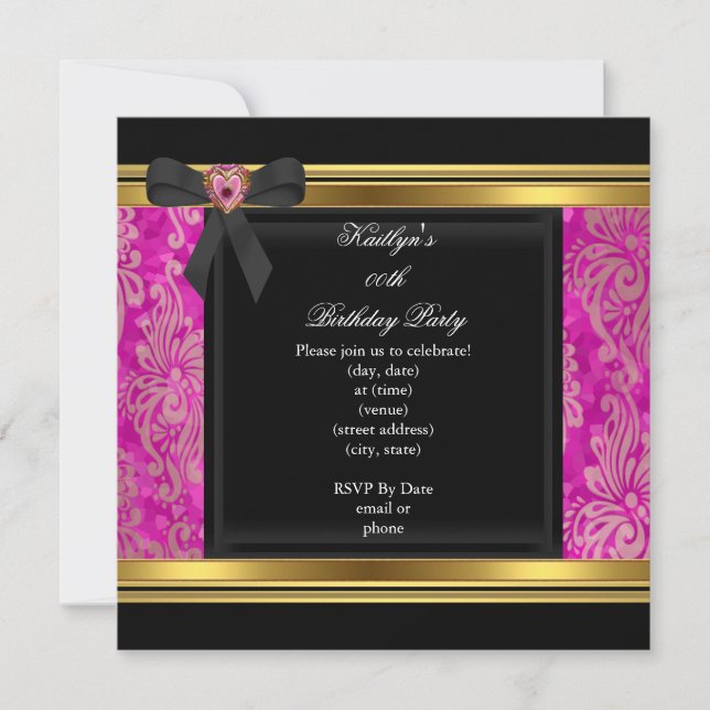 Party Black Pink Damask Jewel Image Invitation (Front)