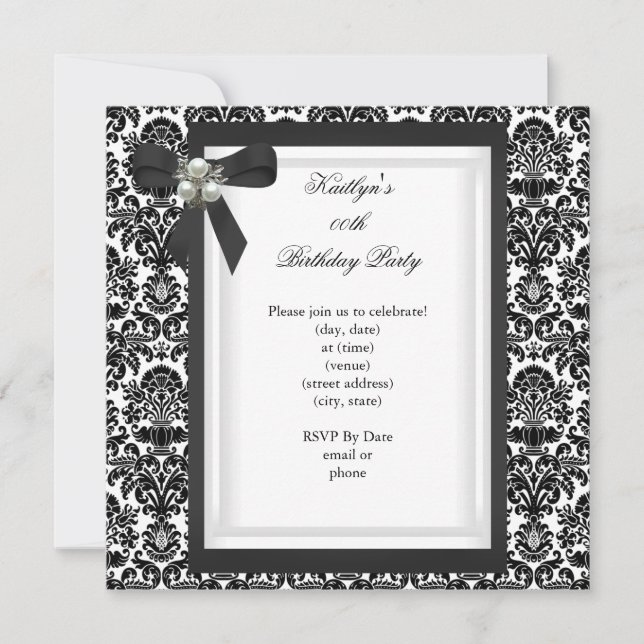 Party Black White Damask Pearl Jewel Image Invitation (Front)