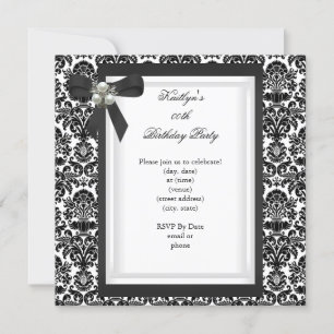 Party Black White Damask Pearl Jewel Image Invitation