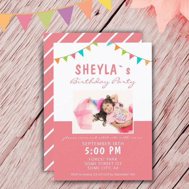 Party Bunting Flags Girl Photo Birthday Party Invitation (Creator Uploaded)