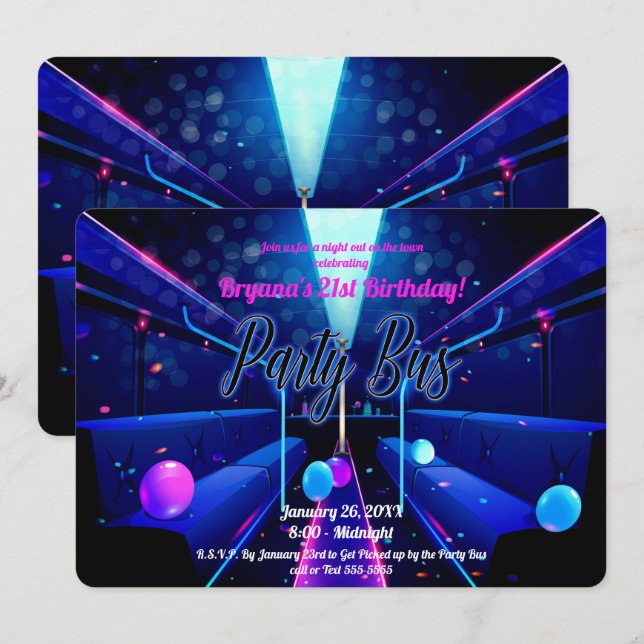 Party Bus Glow Party Club Hopping 21st Birthday Invitation (Front/Back)