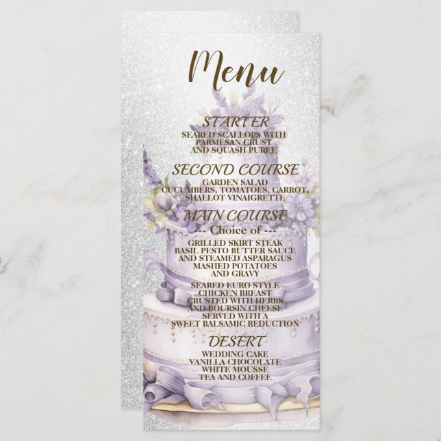 Party Cake Lavender Floral Elegant Wedding Menu (Front/Back)