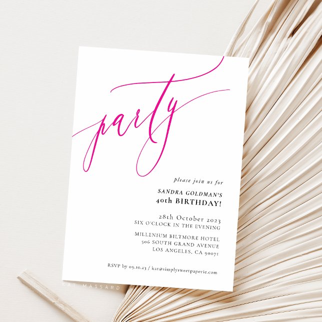 PARTY calligraphy stylish minimal hot pink Invitation (Creator Uploaded)