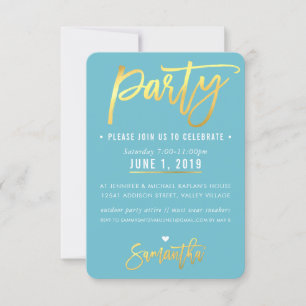 PARTY CARD cute turquoise blue gold script heading